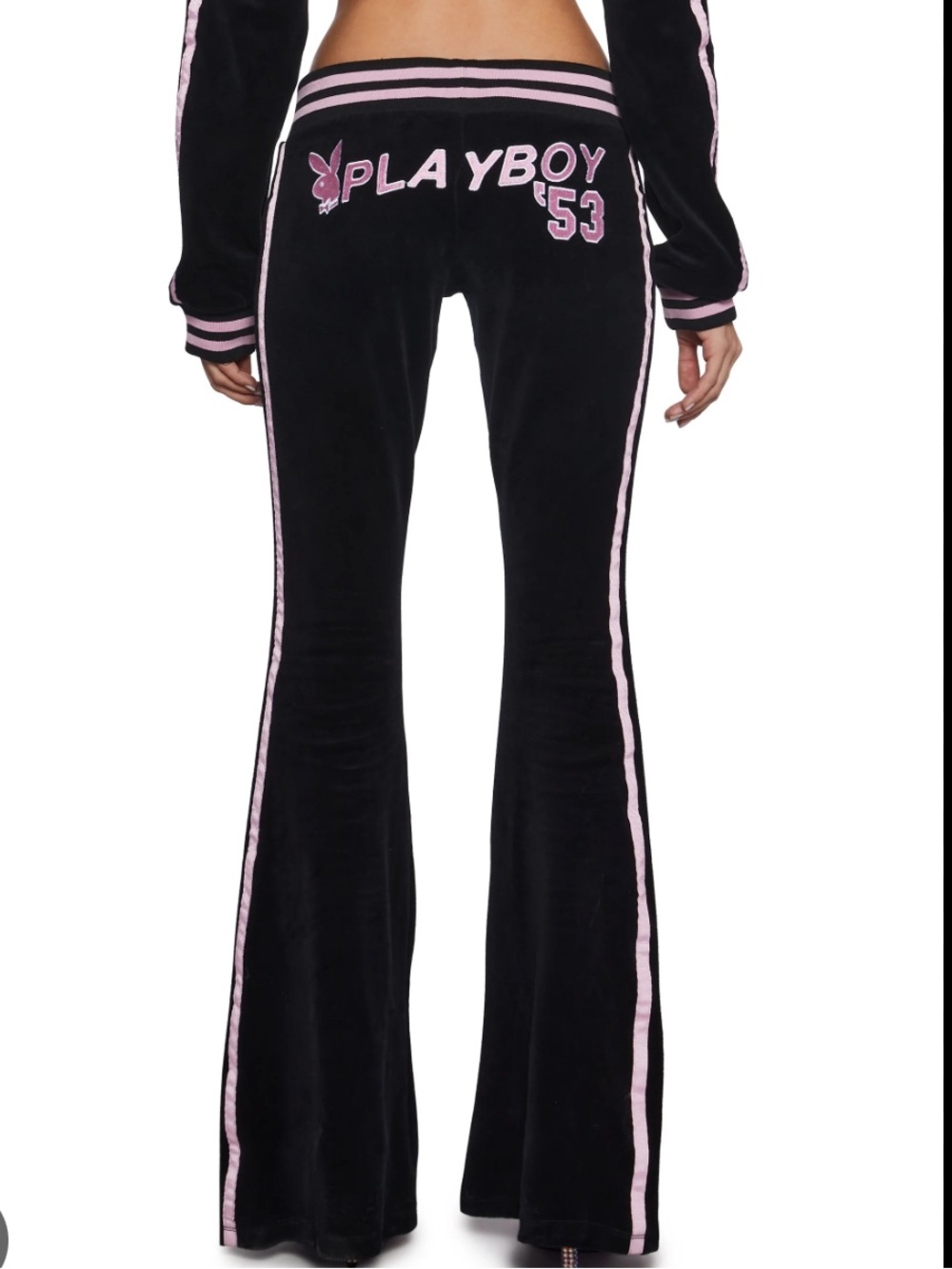 Dolls Kill x PLAYBOY Black Velour Flared Joggers with Pink Trim